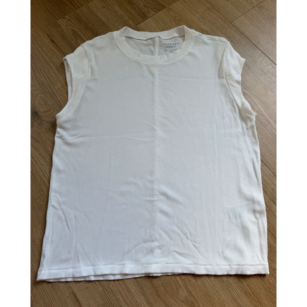 American Eagle Women's White Ribbed Sleeveless Crew Neck Cotton Pullover Top S
